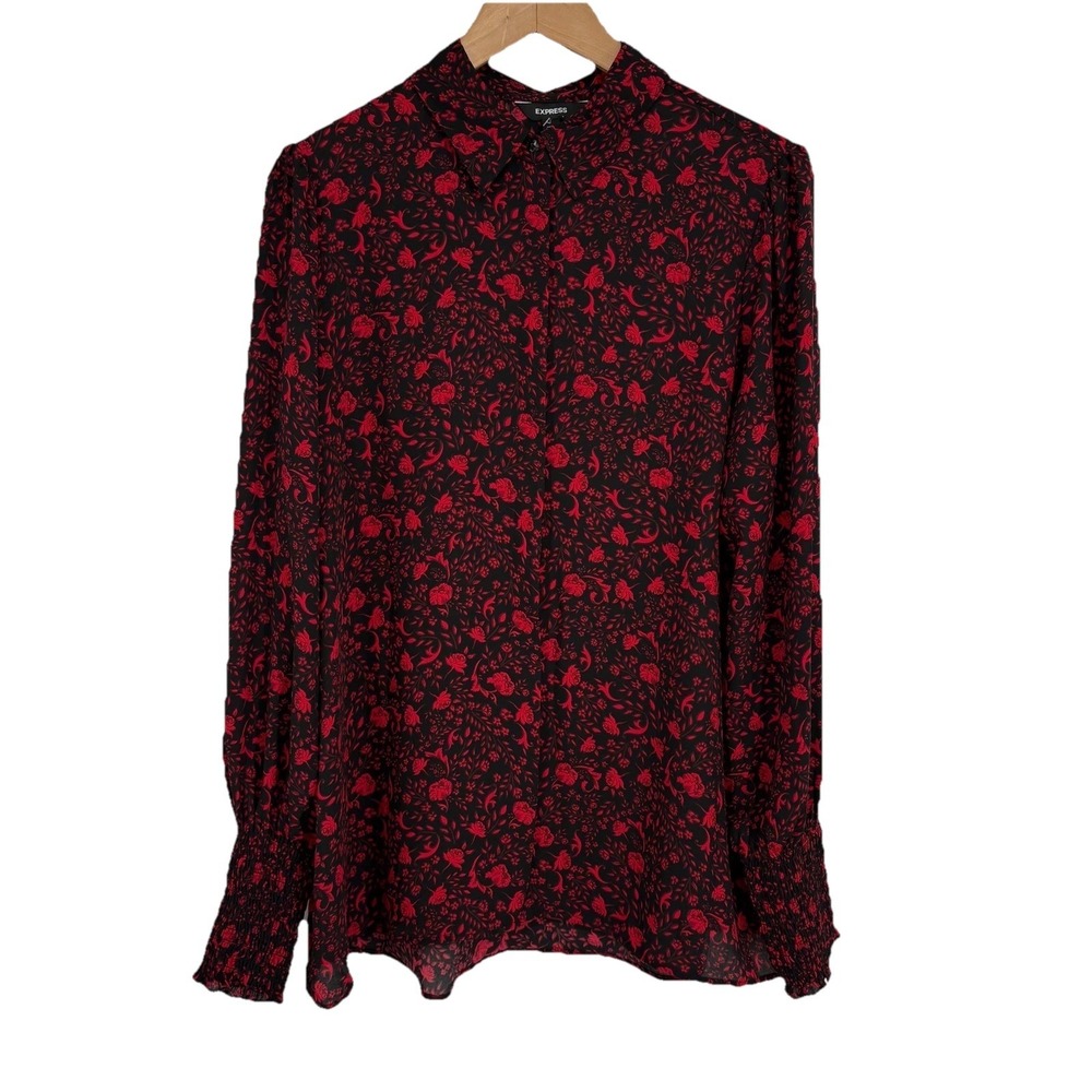 Express Womens Floral Print Button Up Long Sleeve Top Large Romantic Black Red